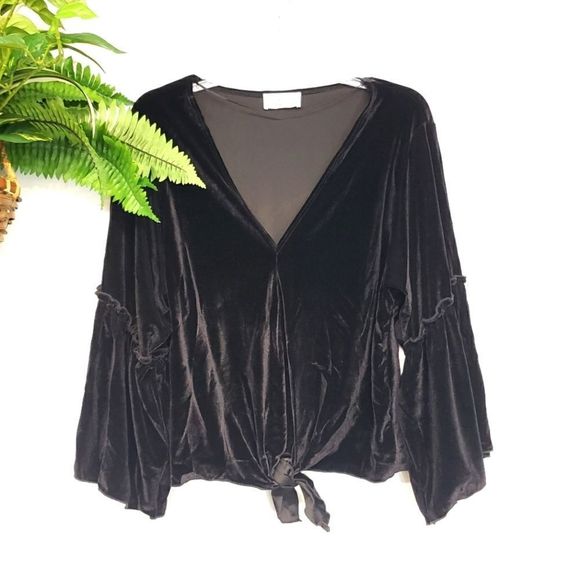 Lavender Field Velvet V Neck Ruffle Sleeve Blouse in Black - Picture 1 of 7